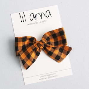 Orange & Black Halloween Hair Bow: Plaid Gingham Baby Girl Headband or Clip image 2