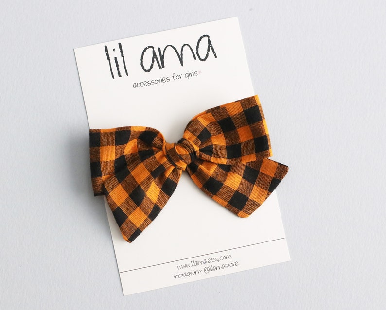 Orange & Black Halloween Hair Bow: Plaid Gingham Baby Girl Headband or Clip image 2