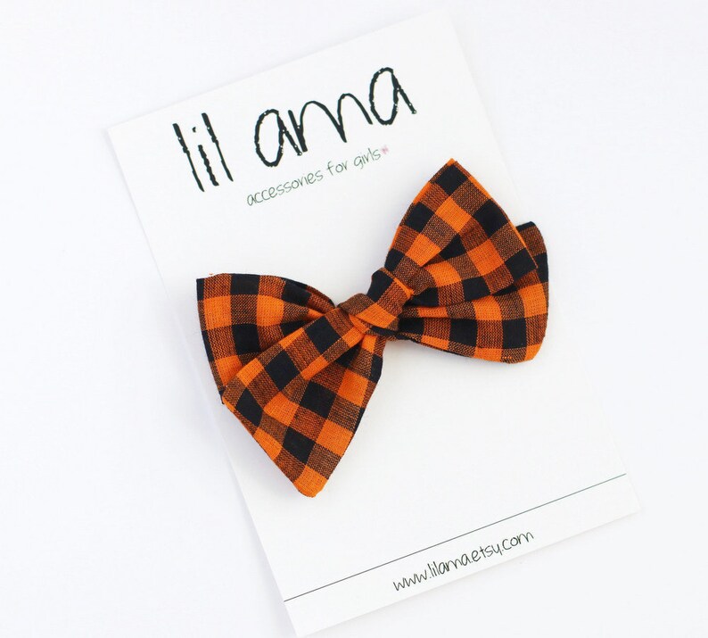 Orange & Black Halloween Hair Bow: Plaid Gingham Baby Girl Headband or Clip image 5
