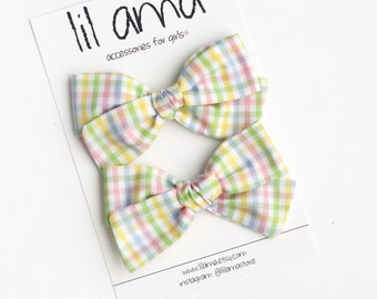Gingham Easter Pigtail Bows, Pastel Toddler Hair Clips