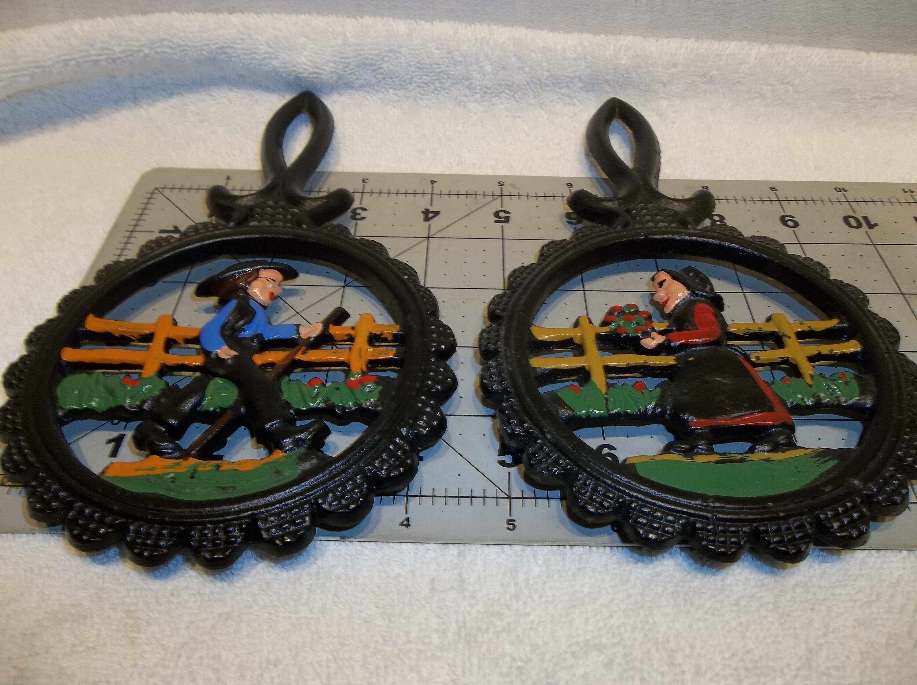 Antique Cast Iron Trivet Set Dale Craft Amish Man Woman Rustic Etsy