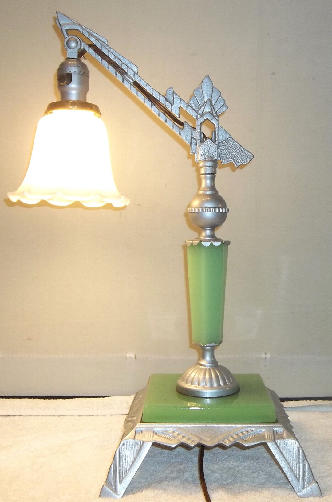 Antique Art Deco Tabletop Jadeite Glass Bridge Lamp Restored Vintage