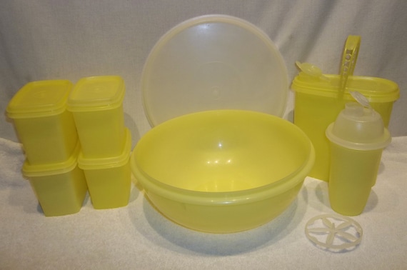 Antique Tupperware Pastel Yellow Container Set Large Fix N Mix Bowl  Canisters Pour N Store Pitcher Flip Top Lid Mixer Quick Shaker Blender 