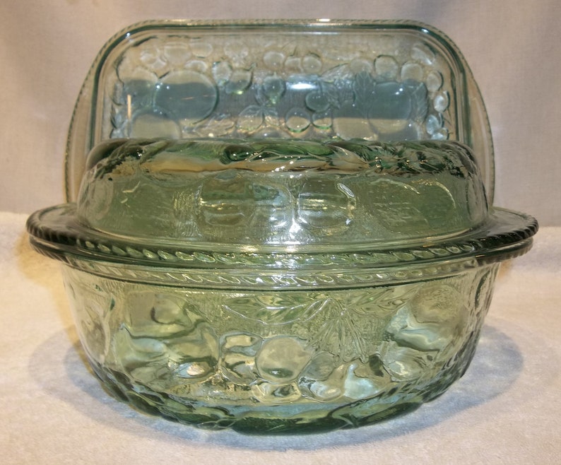 Vintage Libbey Green Glass Orchard Fruit Set Large Baking Dish Etsy
