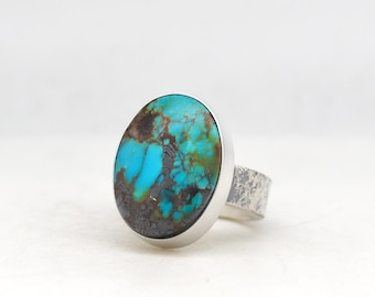 Kingman Turquoise Handmade Ring Hematite and Sterling Silver, Made In USA in Minimalist Modern Southwest Style,Handmade Ring