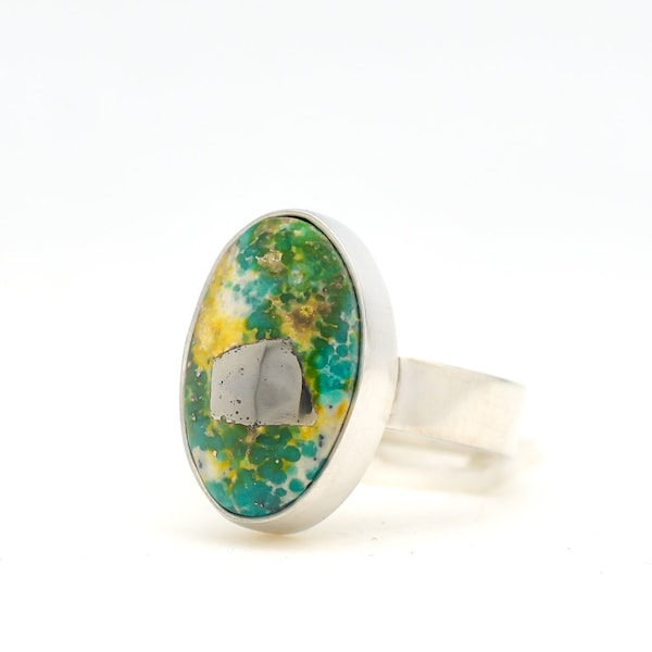 Sonoran Gold Turquoise Ring Handmade Sterling Silver Made In USA Green Turquoise in Minimalist Modern Southwest Style,