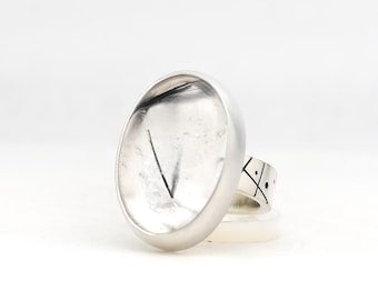 Tourmalated Quartz Handmade Ring Sterling Silver Made In USA  Minimalist Modern Style Clear Quartz Black Tourmaline