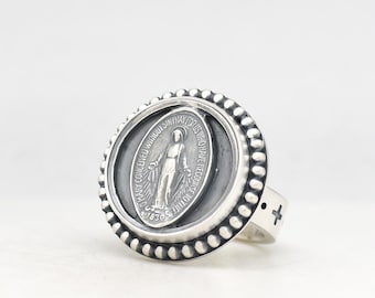 Vintage Virgin Mary Catholic Miraculous Medal  Sterling Silver Ring HandMade USA