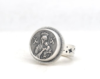Vintage Virgin Mary Our Lady of Perpetual Help Catholic Miraculous Medal  Sterling Silver Ring HandMade USA