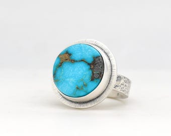 Kingman Turquoise Handmade Ring Hematite and Sterling Silver, Made In USA in Minimalist Modern Southwest Style,Handmade Ring