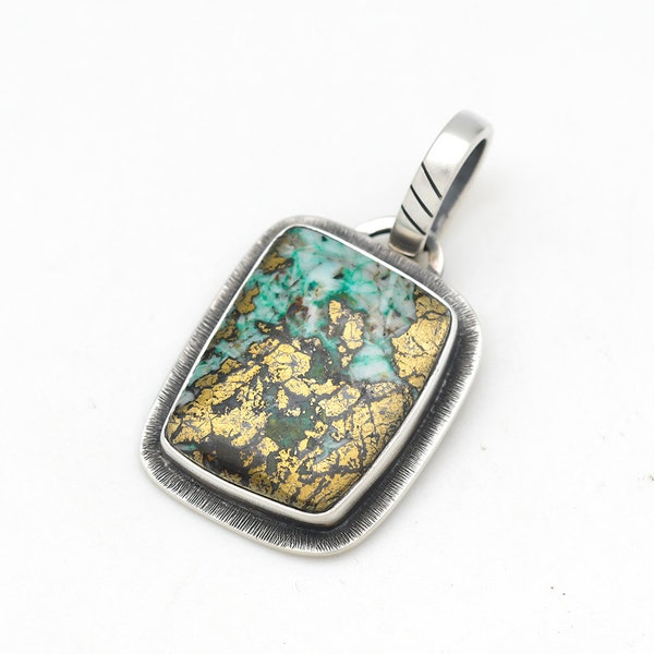 Golden Sky Malachite Pendant Handmade Sterling Silver Necklace, Made In USA Blue Turquoise Pyrite