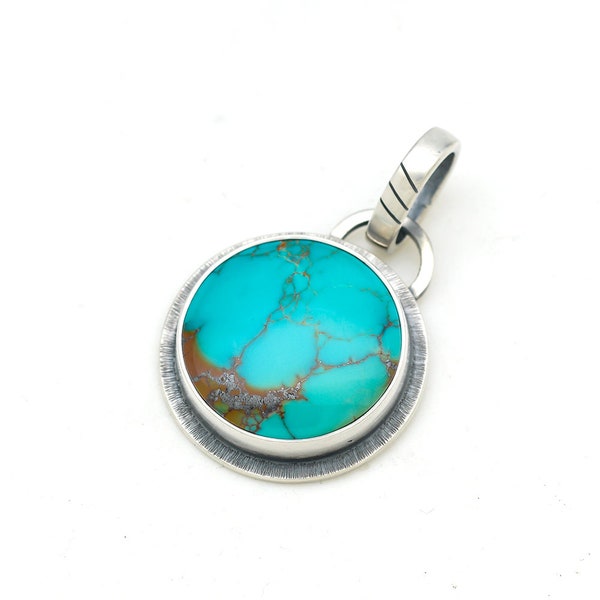 Kingman Turquoise  Pendant  Handmade Sterling Silver and Gold  Necklace, Made In USA Dendrites