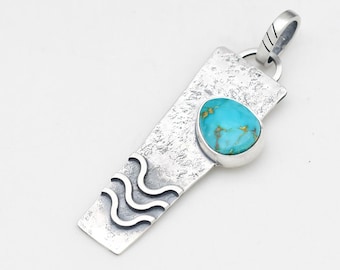 Kingman Turquoise Pendant Handmade Sterling Silver Necklace, Made In USA Southwestern Jewelry