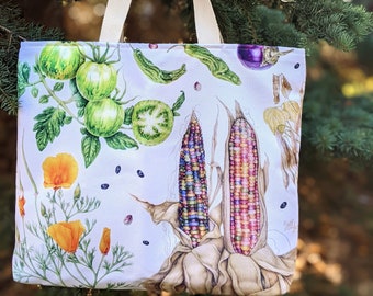 Botanical Art Market Tote with Cotton Sateen Lining with pockets