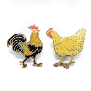 Rooster & Chicken Pair- 2 hard enamel Pins in Gold