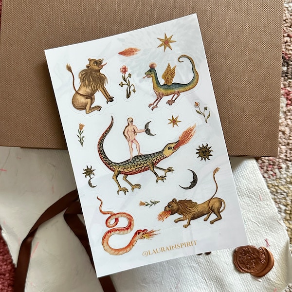 Sticker Sheet Medieval Animals Weird Funny Cringe Dragon Lion Fire Flowers Witchy Nature Stickers Small 4x6