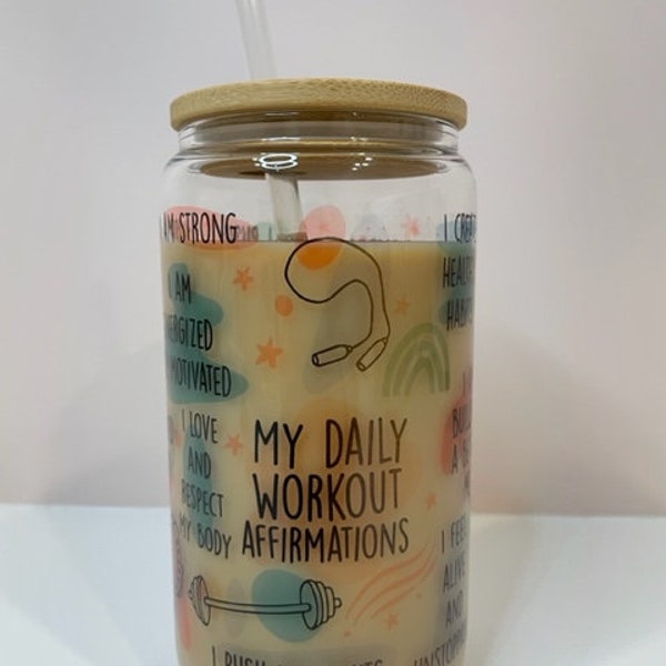My Daily Workout Affirmations Libbey/ Fitness Libbey Glass Can/ Workout Glass/ Glass Coffee Cup/ Fitness Glass Cup