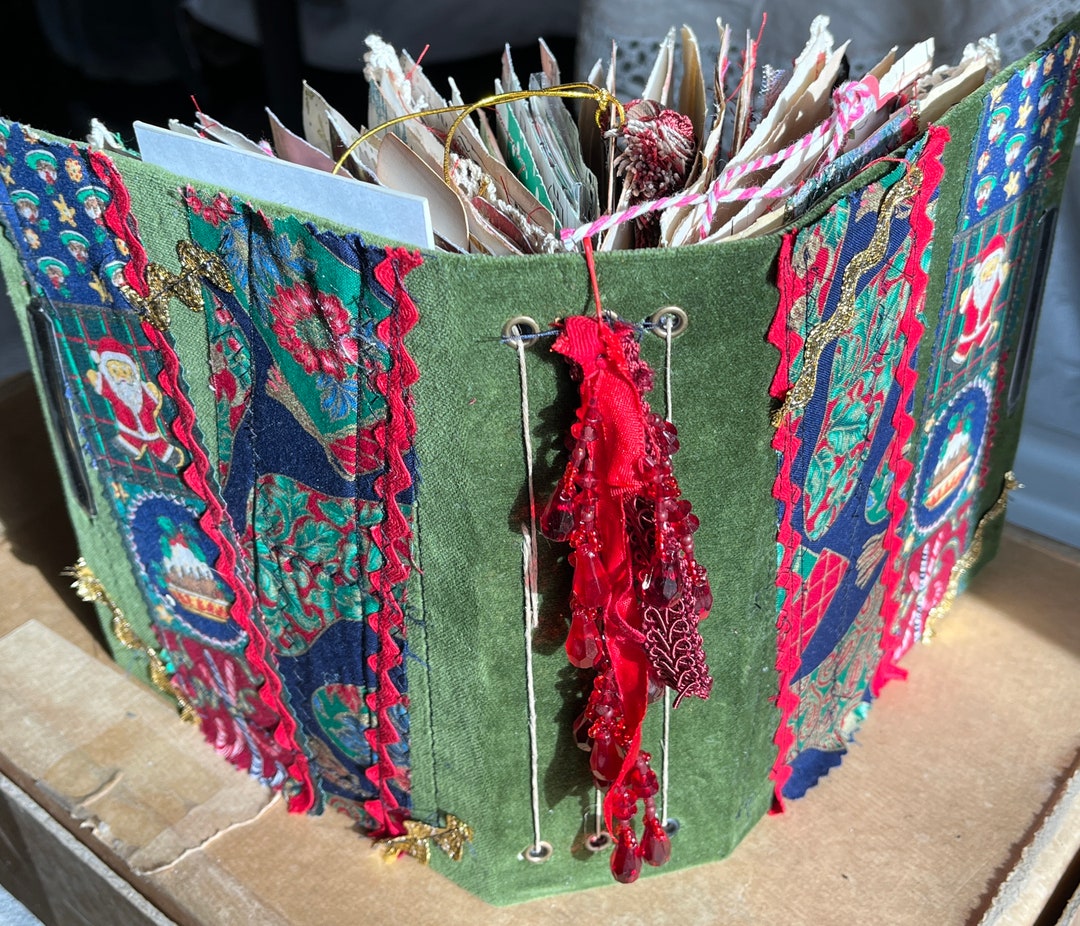 Handmade Holiday Junk Journal Velvet & Xmas Fabric Cover, Vintage