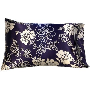 Navy Blue and White Pillowcases Satin. Bedding for Sensitive Hair, Skin and Scalp. Cooling Satin for Menopause Relief and Hot Flashes.