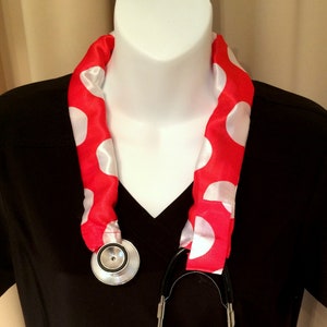 Stethoscope Sleeve Gift for ENT, LPN, Medic. Washable. Red with Large White Polka Dots. Satin Stethoscope Cover.