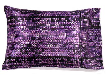 Purple Sequin Accent Pillow, Black Charmeuse Satin Travel Pillowcase (12x16")