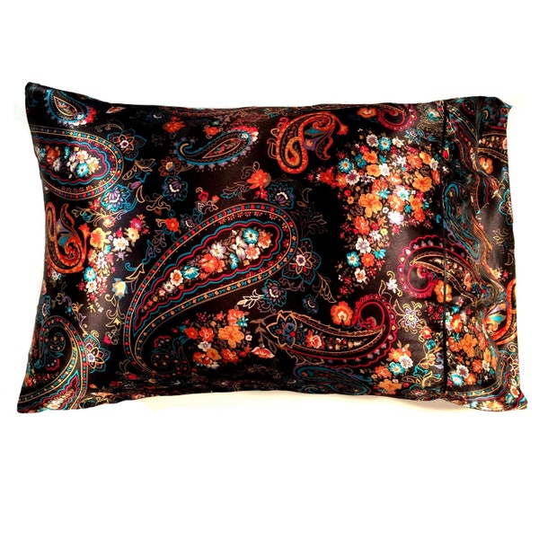 Black, Red, Orange Paisley Satin Pillow. Travel, Airport Pillow. Completely Washable. Contemporary Accent Throw Pillow.