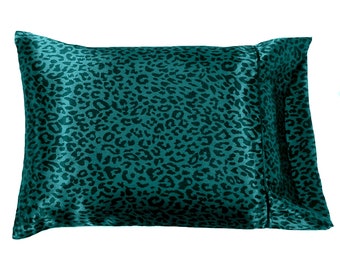 Teal Green Cheetah Satin Pillowcase, Silky Softness, Washable, Easy Care. Great Gift for Daughter, Mom or Friend. Fights Wrinkles.