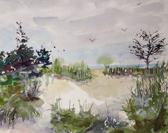 May include: Watercolor painting of a coastal scene with a path leading to the ocean. The artwork features green foliage, trees, and a cloudy sky. Birds are flying overhead, and the artist's signature is in the bottom right corner.