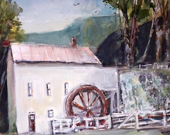 May include: A watercolor painting of a white mill building with a large brown water wheel positioned next to a cascading waterfall. The scene includes a white wooden fence in the foreground, green trees, and a blue sky with birds in flight.