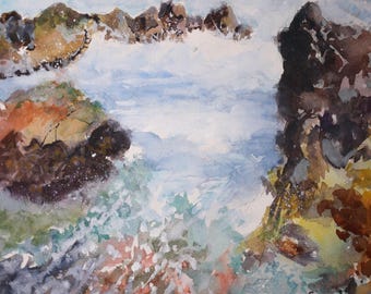 Caribbean Coastal Ocean Scene, Original Watercolor Painting, Rocky Shoreline Art, Breakers Artwork