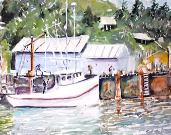 May include: Watercolor painting of a harbor scene with a white boat, buildings, and figures. The boat has a red stripe and is docked near a pier. Green trees and a blue sky complete the scene. The artist's signature is in the bottom right corner.