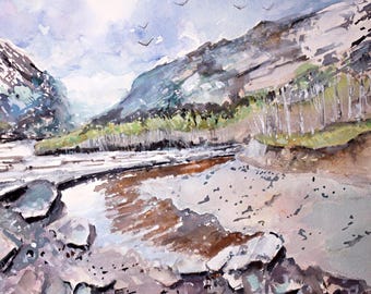 May include: Watercolor painting of a mountain landscape with a river flowing through a valley. The artwork features snow-capped mountains, a river with rocky banks, and a cloudy sky. Birds are flying in the sky. The painting is signed in the bottom right corner.