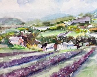 Provence France Lavender Fields Print, French Country Wall Art Watercolor