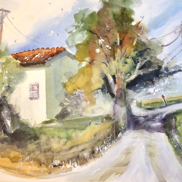 Tuscany Italy, Original Painting and Prints of Tuscan Morning, Italian Country Lane,  Landscape Painting, Original Watercolor, Gift Ideas