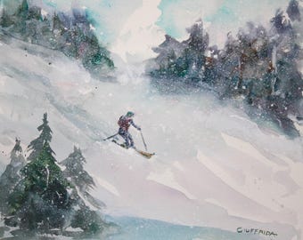 Downhill Skier Watercolor Painting, Original Vermont Winter Landscape Art