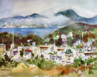 May include: Watercolor painting of a coastal town nestled between green hills and a blue sea. White buildings with red-tiled roofs are scattered across the landscape. The sky is overcast with soft, gray clouds.