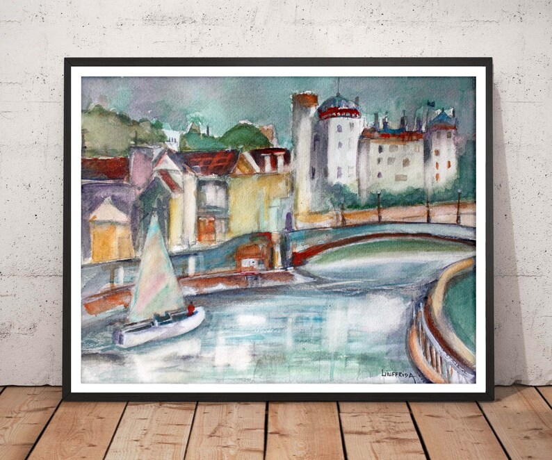 Download Whimsical European Scene Wall Print Watercolor Kilkenny Ireland River Nore Castle Bridge Combination Art Collectibles Vadel Com