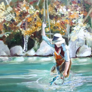 Fly Fishing, Original Oil Painting  Fly Fisherman with Rainbow Trout on the Hook, Trout Fishing, Fishing Gift Idea, Fishing Art