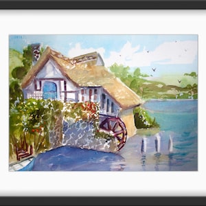 May include: Watercolor painting of a white cottage with a thatched roof and a water wheel. The cottage is situated on a lake with a small boat in the foreground. The sky is blue with white clouds.