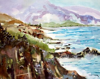 May include: A watercolor painting depicting a coastal landscape with rugged brown cliffs, green vegetation, and a blue ocean. The scene features distant purple mountains under a soft sky, with the artist's signature Giuffrida in the bottom right corner.