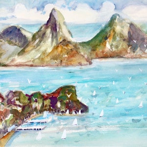 St. Lucia Fine Art  Reproductions of Original Caribbean Island Watercolor, St. Lucia Painting, Tropical Isle Painting, Caribbean Island Art