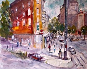 Greenwich Village Street Scene, New York City Watercolor Painting, Urban Cityscape Artwork