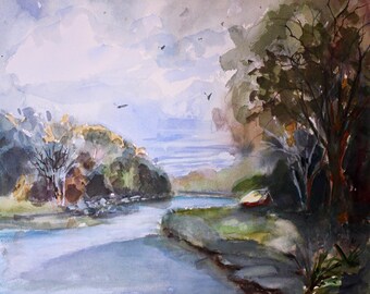 May include: A watercolor painting depicting a river landscape with a small red boat moored on the grassy bank. The scene features lush green trees, a winding blue river, and a cloudy sky with several small birds flying in the distance.