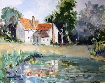 English Cottage Painting & Prints, Watercolor British Landscape, Country House Wall Art, Fine Art Print