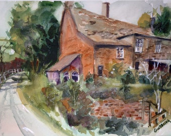 English Cottage Watercolor Print, West Country Art, Rural Britain Landscape Artwork