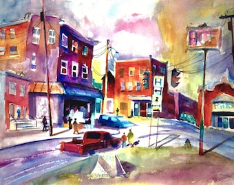 Cobleskill New York Watercolor Print, Historic Main Street Cityscape Wall Art