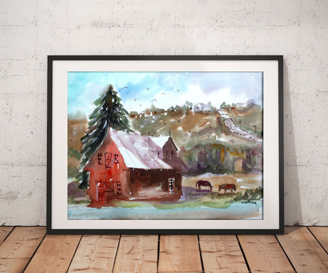 Red Barn Horse Farm Original Watercolor Painting & Fine Art Prints ...