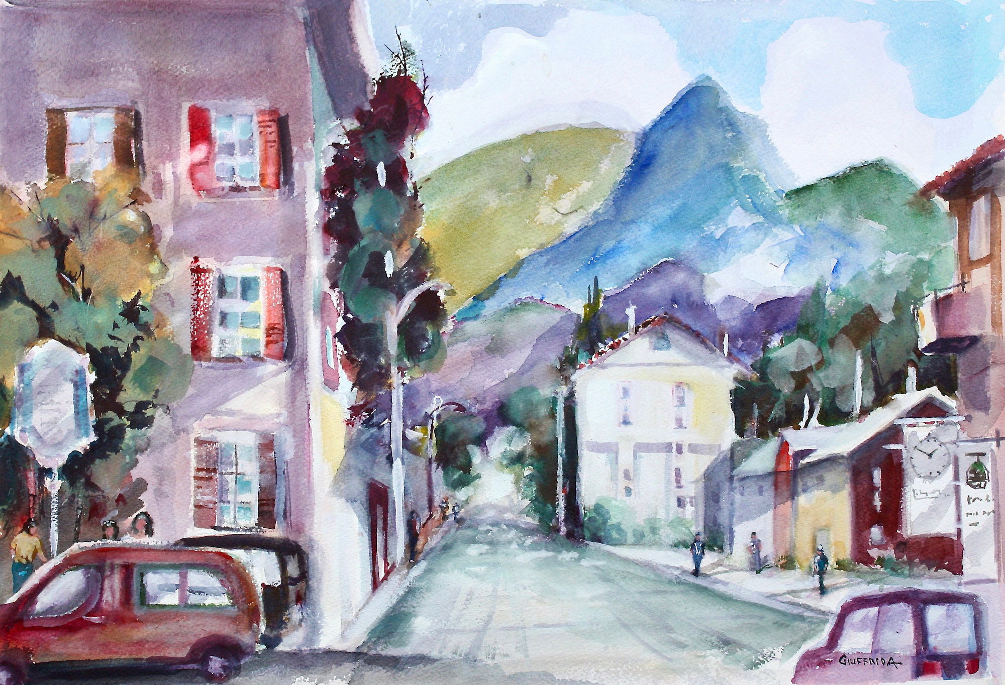 Alpine Village, Watercolor Painting of the French Alps, Mountain Village Art, Auvergne-Rhône, Alpine Village artwork, Contemporary Wall Art