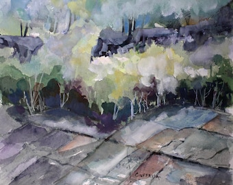 May include: A watercolor painting depicting a landscape with a foreground of gray and brown stone slabs. The midground features dense green and dark purple foliage, while the background shows dark gray rock formations under a light blue sky. Signed Giuffrida.