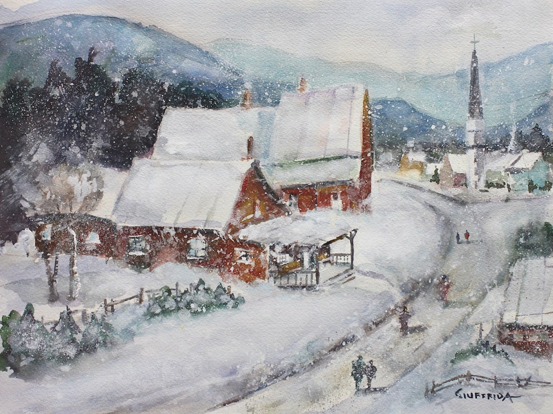 Vermont Winter Village Watercolor Painting & Fine Art Prints, Snowy New ...